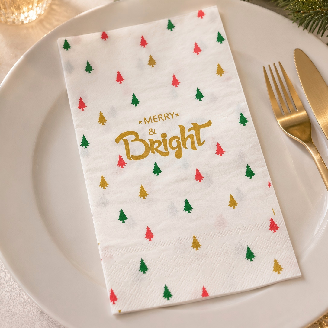Merry & Bright Gold Printing engangsmiddagsservietter til juleborddekking